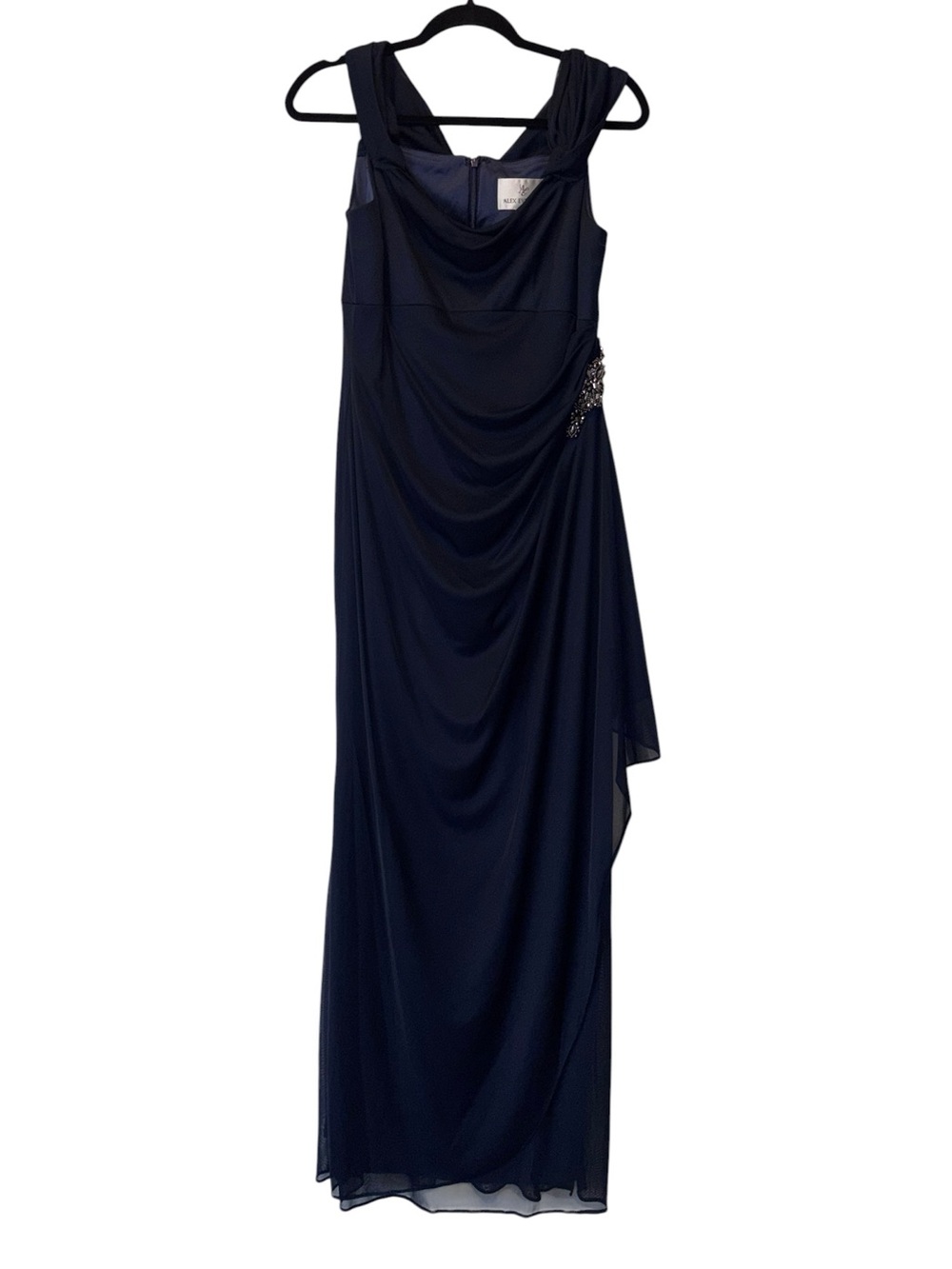 ALEX EVENINGS Embellished Navy Blue Cold Shoulder Column Gown - Picture 7 of 16